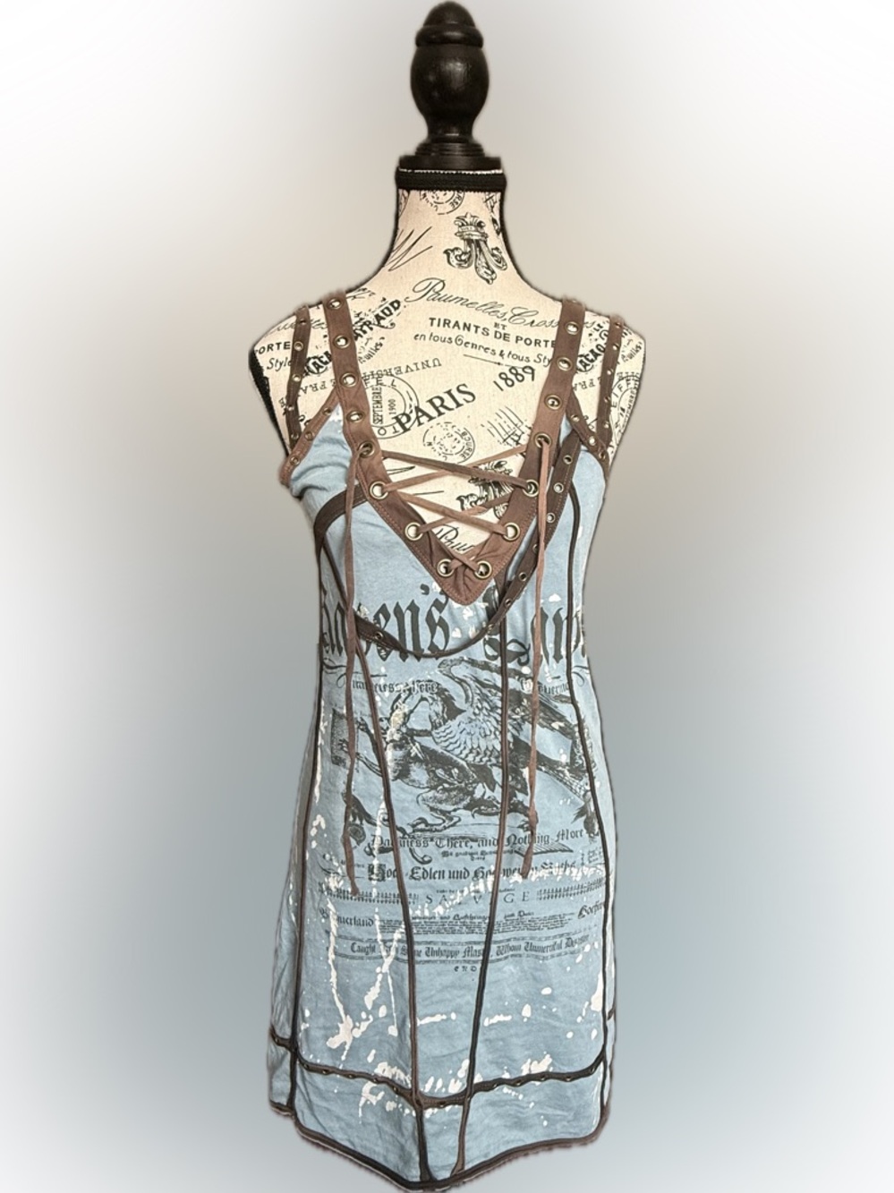 Blue Graphic Lace-Up Mini Dress with Brown Eyelet Detail